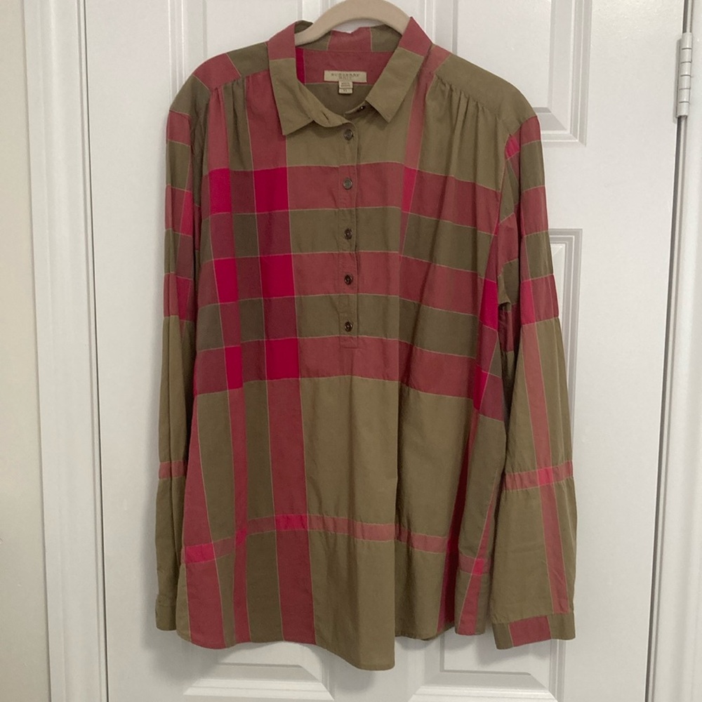 Burberry Olive Green and Pink Plaid Button-Up Blouse